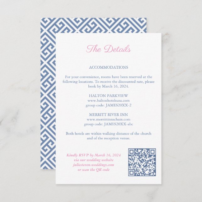 Pink Floral Navy Monogram Wedding Details QR Code Enclosure Card (Front/Back)