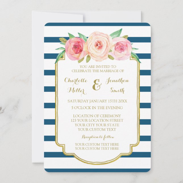 Pink Floral Navy Stripes Gold Wedding Invitations (Back)