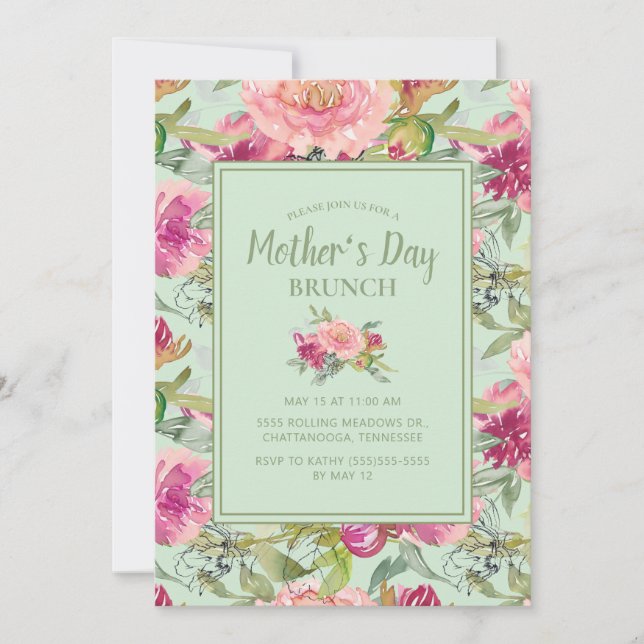 Pink Floral Neo Mint Green Mother's Day Brunch Invitation (Front)