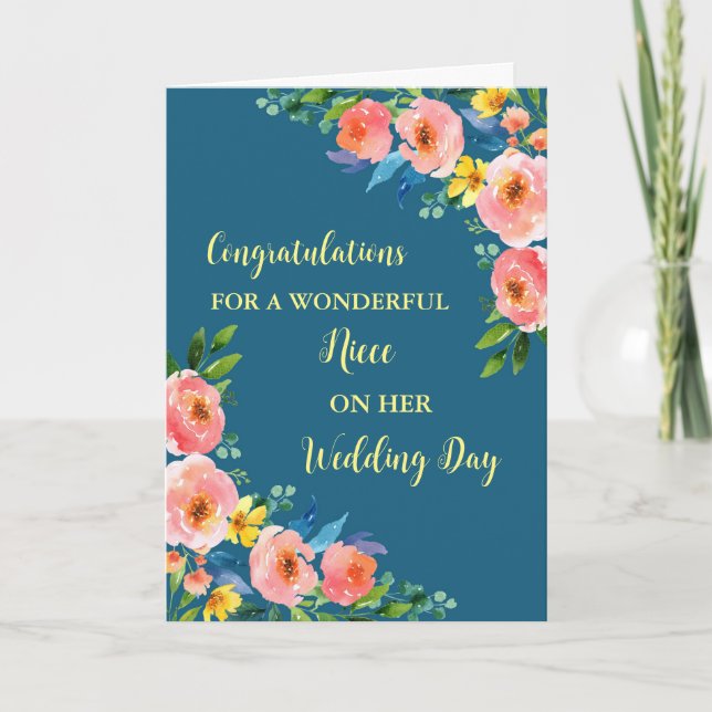 Pink Floral Niece Wedding Day Congratulations Card (Front)