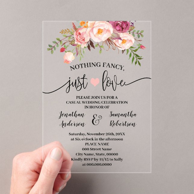 Pink Floral Nothing Fancy Just Love Elopement Acrylic Invitations (Insitu (Handheld))