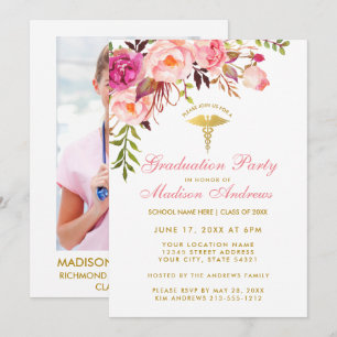 Pink Floral Nurse Grad Party Invite - Back Photo