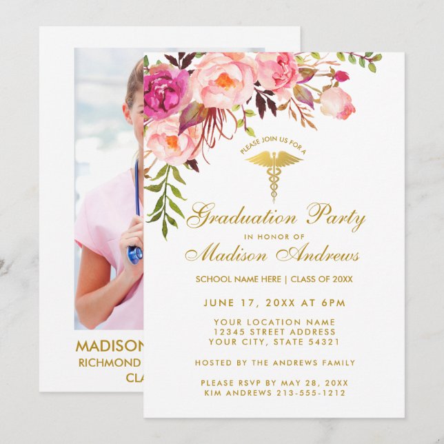 Pink Floral Nurse Grad Party Invite - Photo Back (Front/Back)