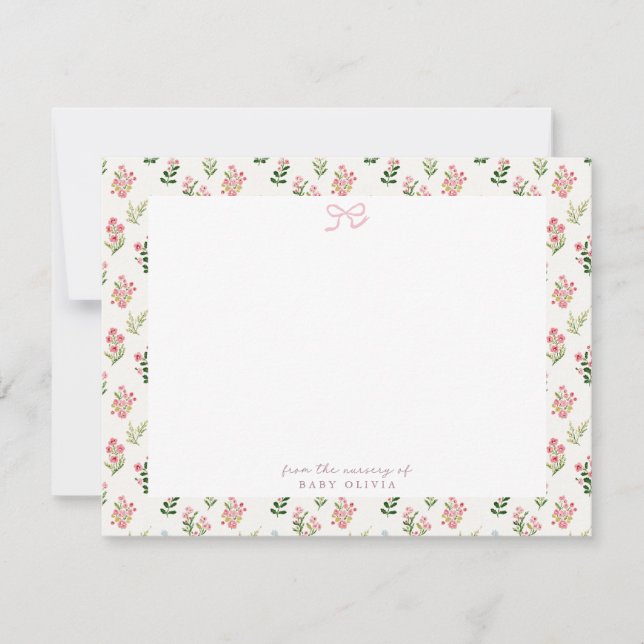 Pink Floral Nursery Bow Note Card (Front)