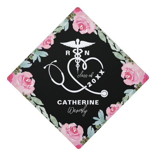 Pink Floral Nursing School Graduation Cap Topper (Front)