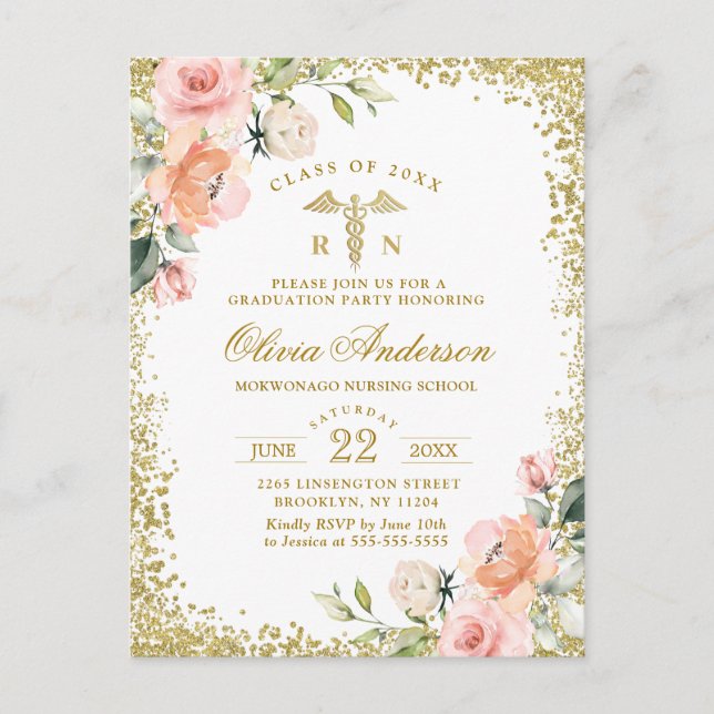 Pink Floral Nursing School Graduation Invitation Postcard (Front)