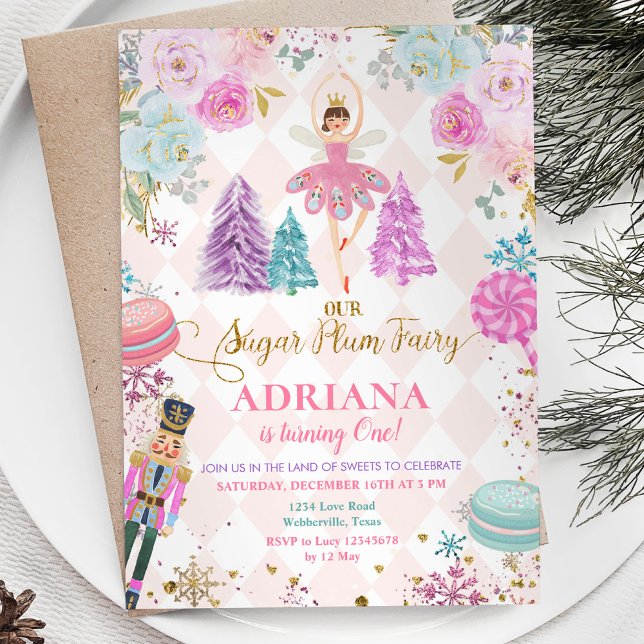 Pink Floral Nutcracker Our Sugar Plum Birthday Invitation (Creator Uploaded)