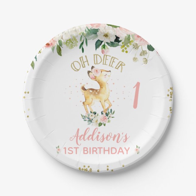 Pink Floral Oh Deer 1st Birthday Paper Plate (Front)