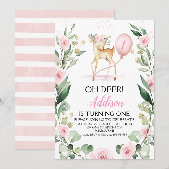 Pink Floral Oh Deer Any Age Birthday  Invitation (Front/Back)