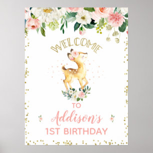 Pink Floral Oh Deer Birthday Party Welcome Sign