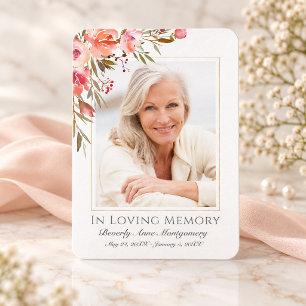 Pink Floral Olive Green Photo Funeral Memorial Business Card