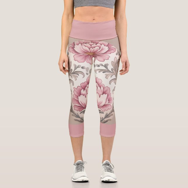 Pink Floral on Light Pink With Dark Pink Band Capri Leggings (Front)