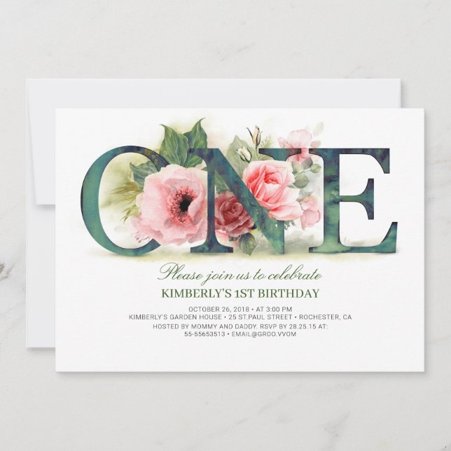 Pink Floral ONE | 1st Birthday Party Invitation (Front)