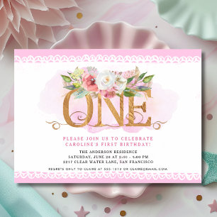 Pink Floral ONE First Birthday Invitation