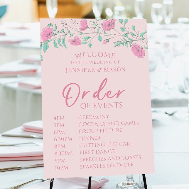 Pink floral Order of events Wedding sign poster (Creator Uploaded)