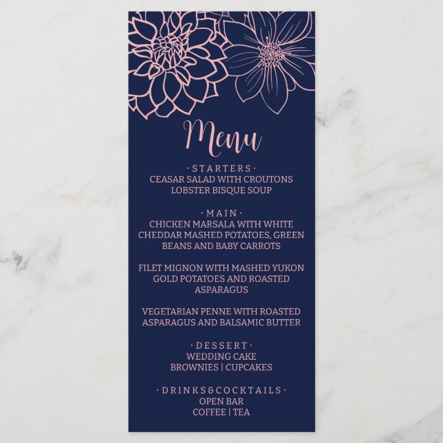 Pink Floral Outline Wedding Tall Menu (Front)