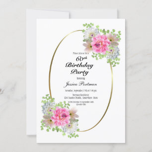 Pink Floral Oval 60th Birthday Party Invitation