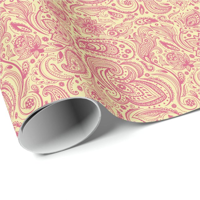 Pink Floral paisley Over Beige Background Wrapping Paper (Roll Corner)