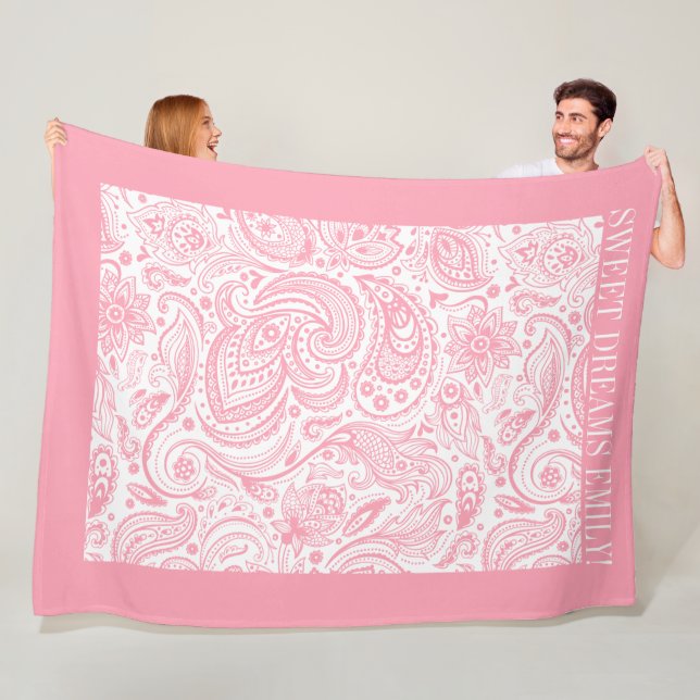 Pink floral paisley pattern on white fleece blanket (In Situ)