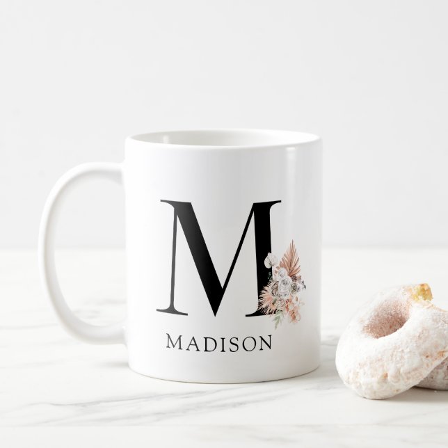 Pink Floral Palmetto Leaves Watercolor Monogram  Coffee Mug (With Donut)