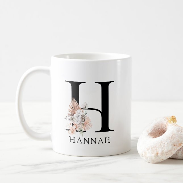 Pink Floral Palmetto Leaves Watercolor Monogram  Coffee Mug (With Donut)