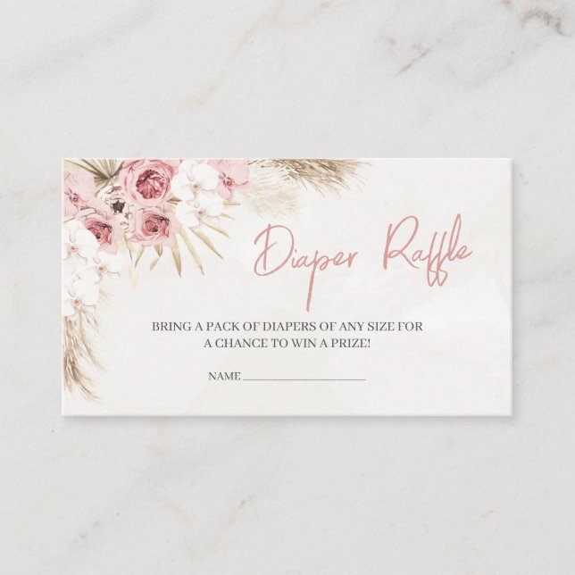 Pink Floral Pampas Grass Baby Shower Diaper Raffle Enclosure Card (Front)