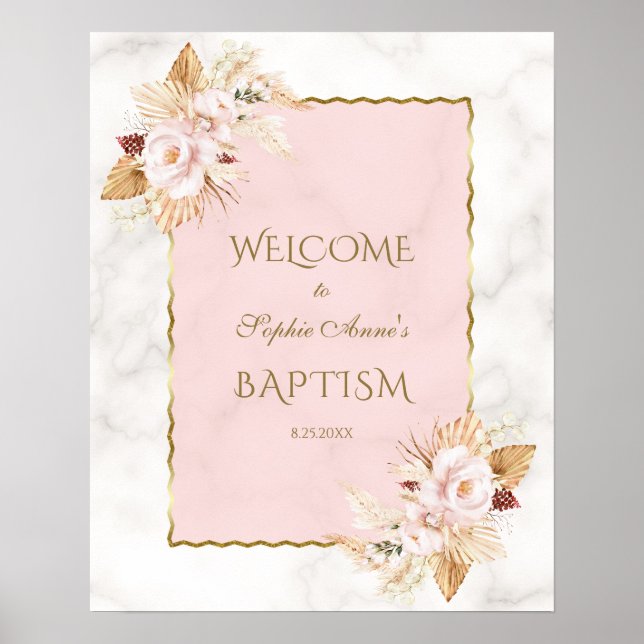Pink Floral Pampas Grass Baptism Welcome Sign (Front)