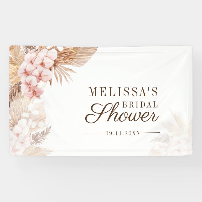 Pink Floral Pampas Grass Boho Bridal Shower Banner (Horizontal)
