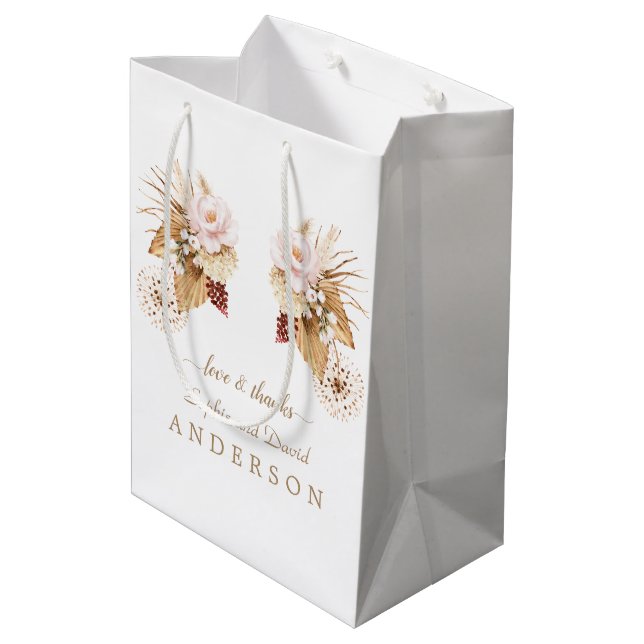 Pink Floral Pampas Grass Dried Palm Leaves Wedding Medium Gift Bag (Back Angled)