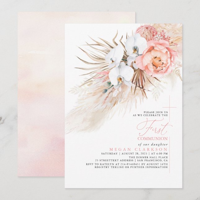 Pink Floral Pampas Grass First Communion Invitation (Front/Back)