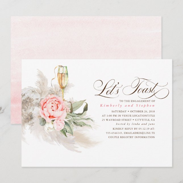 Pink Floral Pampas Grass Greenery Engagement Party Invitation (Front/Back)