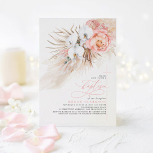 Pink Floral Pampas Grass Modern Baptism Invitation