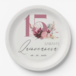 Pink Floral Pampas Grass Quinceanera 15th Birthday Paper Plate