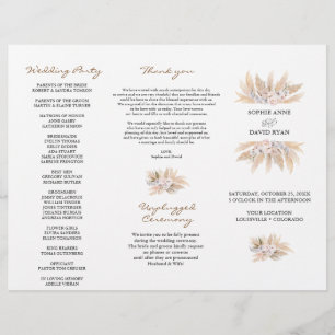 Pink Floral Pampas Grass Tri+Fold Wedding Program