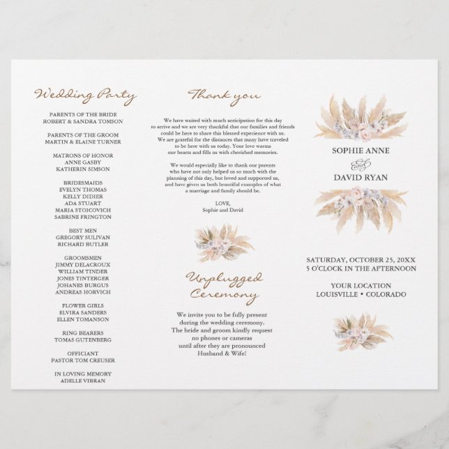 Pink Floral Pampas Grass Tri+Fold Wedding Program (Front)