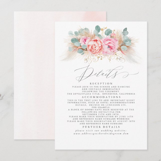 Pink Floral Pampas Grass Wedding Details Enclosure Card (Front/Back)