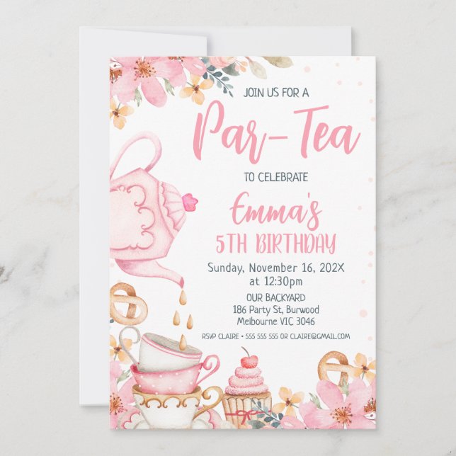 Pink Floral Par-tea Birthday Invitation (Front)