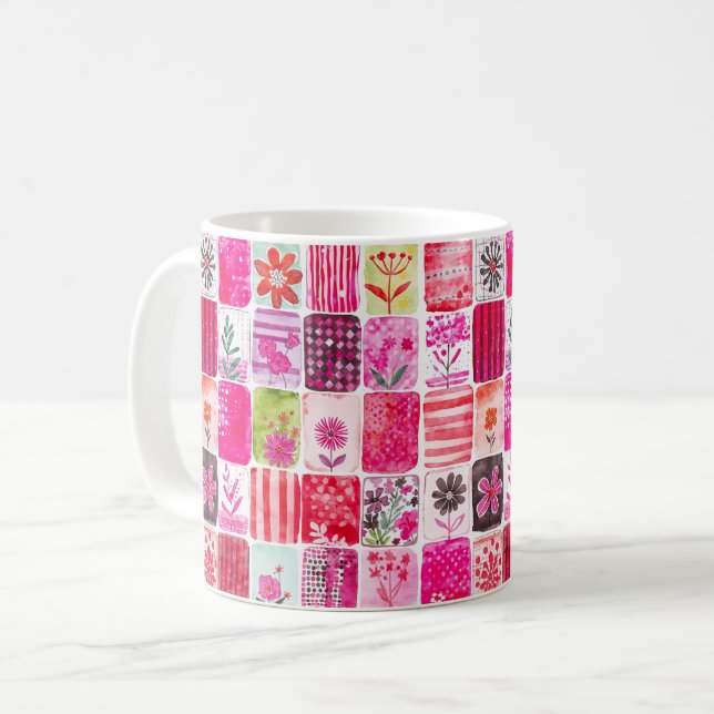 Pink Floral Patchwork Coffee Mug (Front Left)