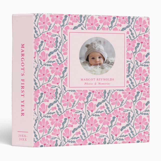 Pink Floral Pattern Baby Photo Album Binder (Front/Spine)