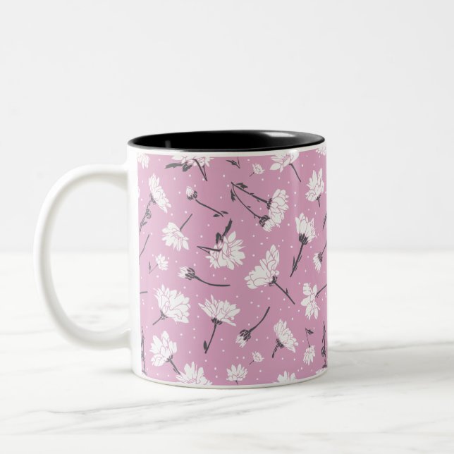 Pink Floral Pattern Design - Elegant Flower Art Two-Tone Coffee Mug (Left)