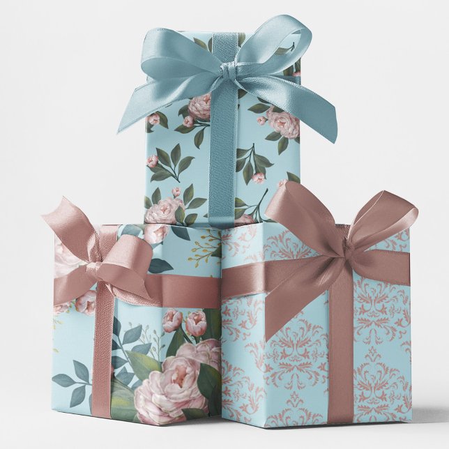 Pink Floral Pattern Elegant Blue Damask Wrapping Paper Sheet (Elegant blush pink and blue floral pattern wrapping paper)