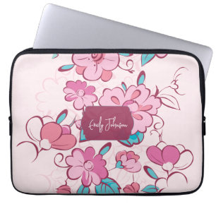 Pink Floral Pattern Name Label Design Custom Name Laptop Sleeve