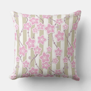 pink floral pattern on beige with white striped ba outdoor pillow