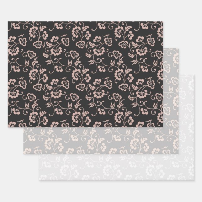 Pink Floral Pattern on Black, Grey & White Wrapping Paper Sheet (Set)