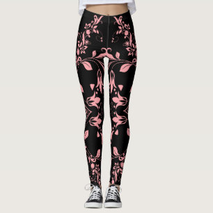 Pink Floral Pattern on Black Women's Workout Leggings