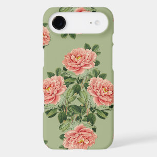 Pink Floral Pattern on Green Background Seamless