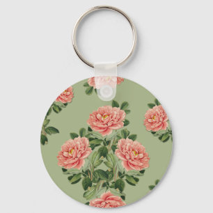 Pink Floral Pattern on Green Background   Seamless Keychain