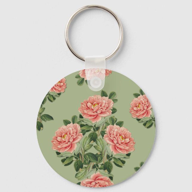 Pink Floral Pattern on Green Background | Seamless Keychain (Front)
