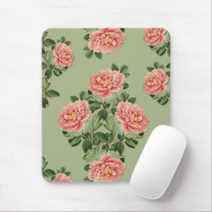 Pink Floral Pattern on Green Background   Seamless Mouse Pad