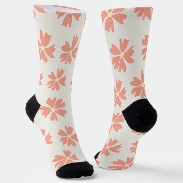 Pink Floral Pattern on Off-White Socks (Angled)